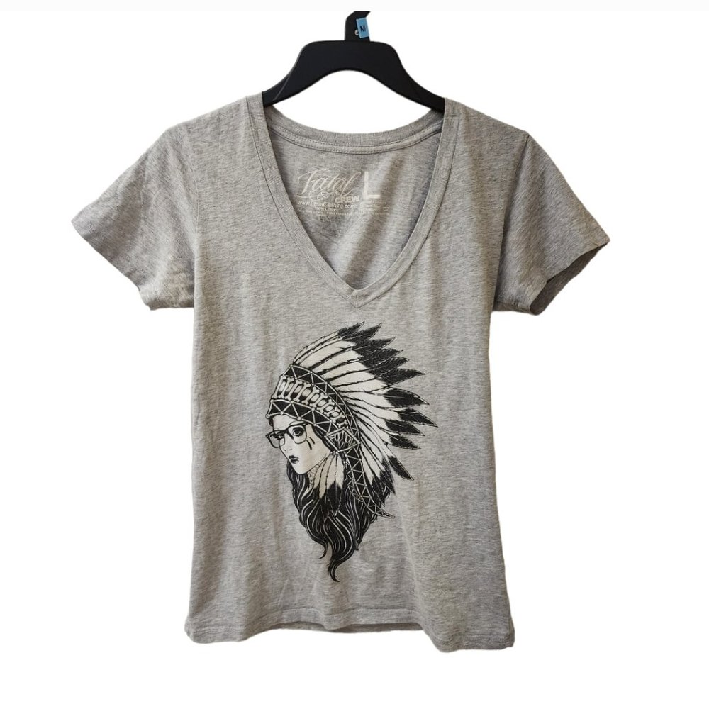 Fatal Crew y2k Grey Vneck Headdress Girl Top Large